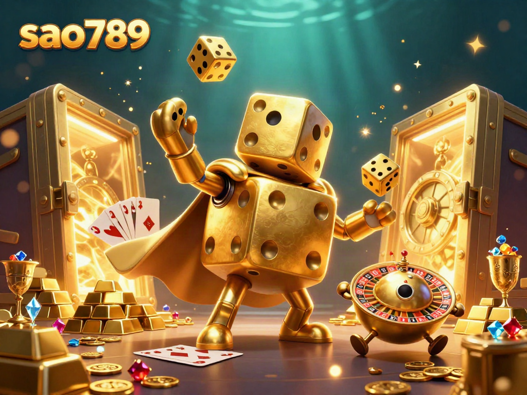 Join the action with the sao789 golden dice golem, juggling games of chance in a vibrant casino-themed illustration.