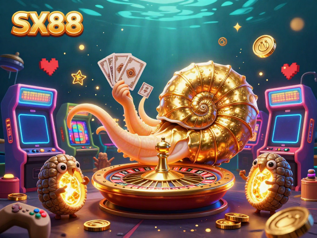 Experience the excitement of SX88 with a vibrant casino scene featuring a nautilus roulette wheel and glowing arcade games.
