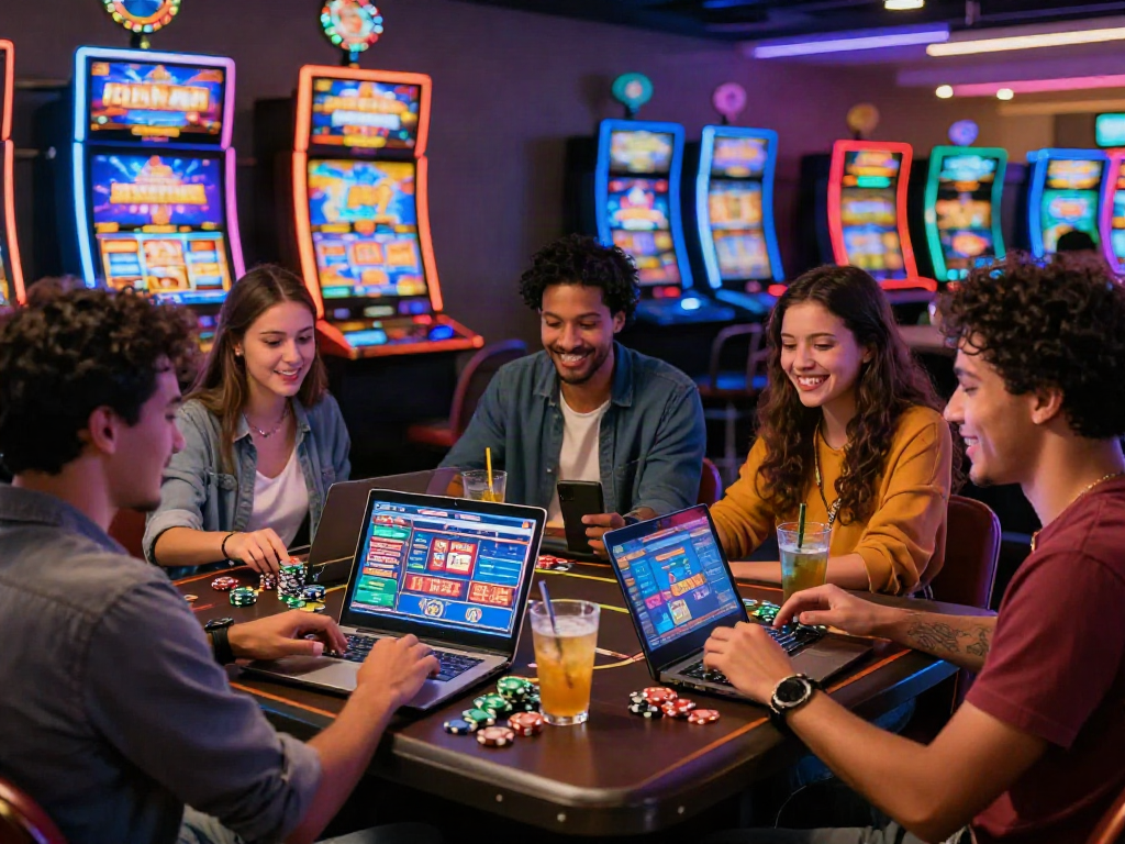 Engaging group enjoying online gaming at https://five88bet.org/ with vibrant slot machines and drinks.