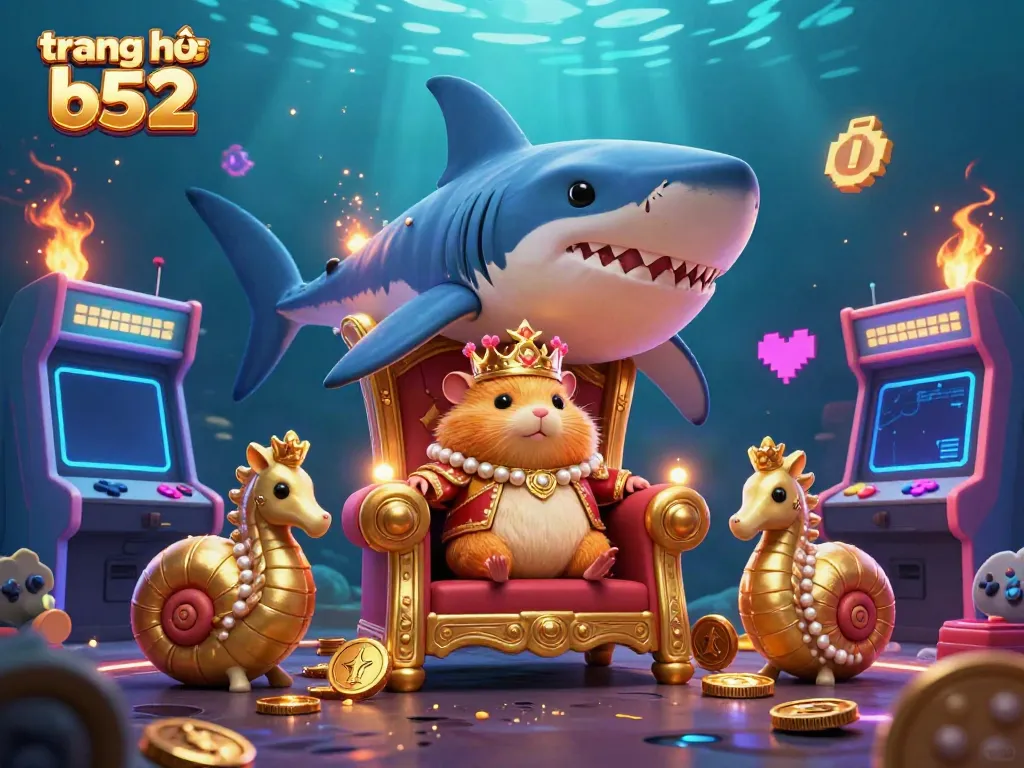 Play thrilling games at trang chủ b52 with a fierce golden hamster king in a royal underwater setting.