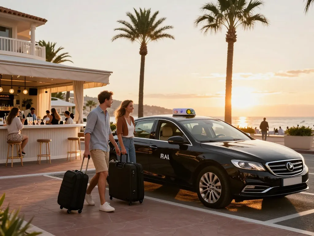 Service de taxi Saint Tropez avec un chauffeur professionnel aidant des invités dans un hôtel de luxe au coucher du soleil.