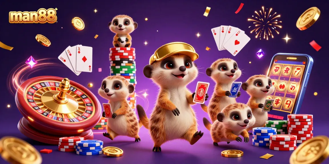 Experience man88 casino excitement as meerkats deal cards, scatter chips, and celebrate victories.