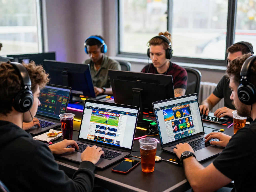 Engaged players exploring https://fabet.com.mx/ online gambling platform in a modern gaming room.
