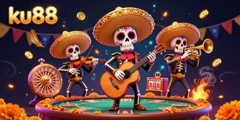 Experience the thrill of ku88 at our festive casino, featuring a mariachi band and vibrant gaming elements.
