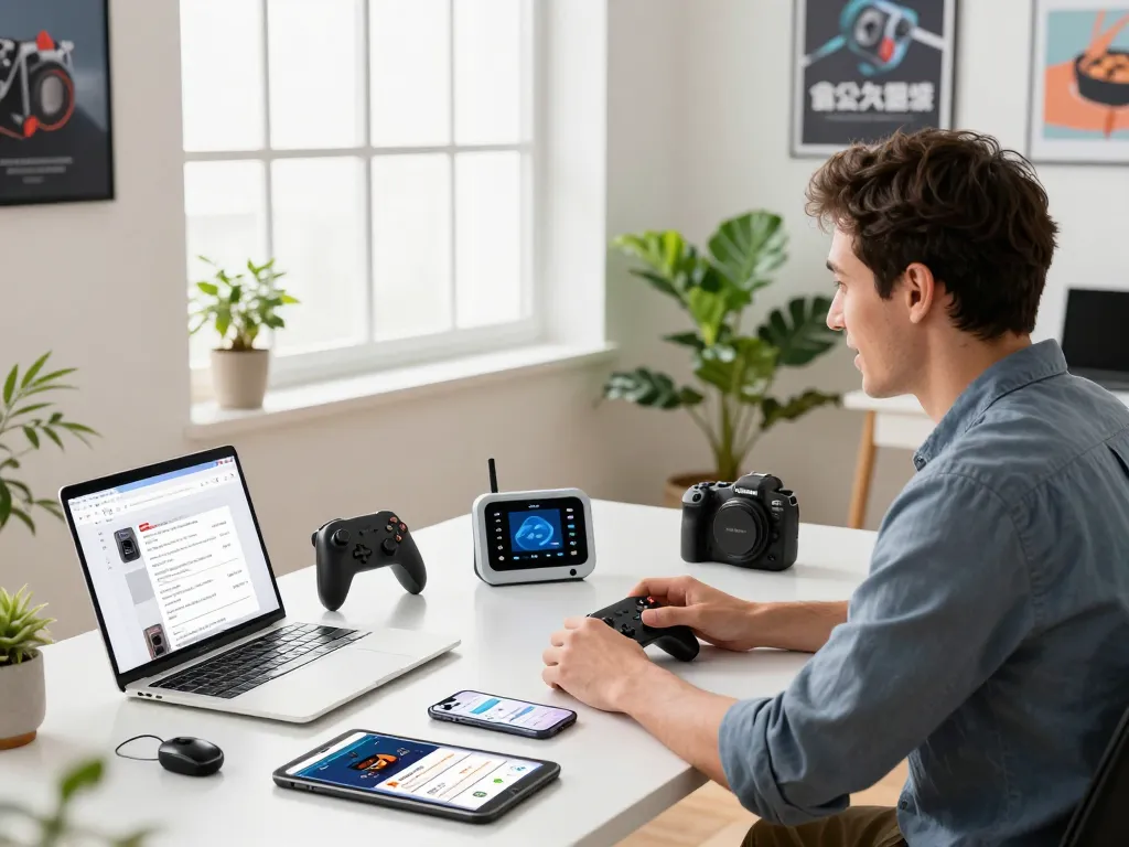 Showcasing unique tech gadgets like the 8BitDo controller and AirFly Pro in a modern workspace.