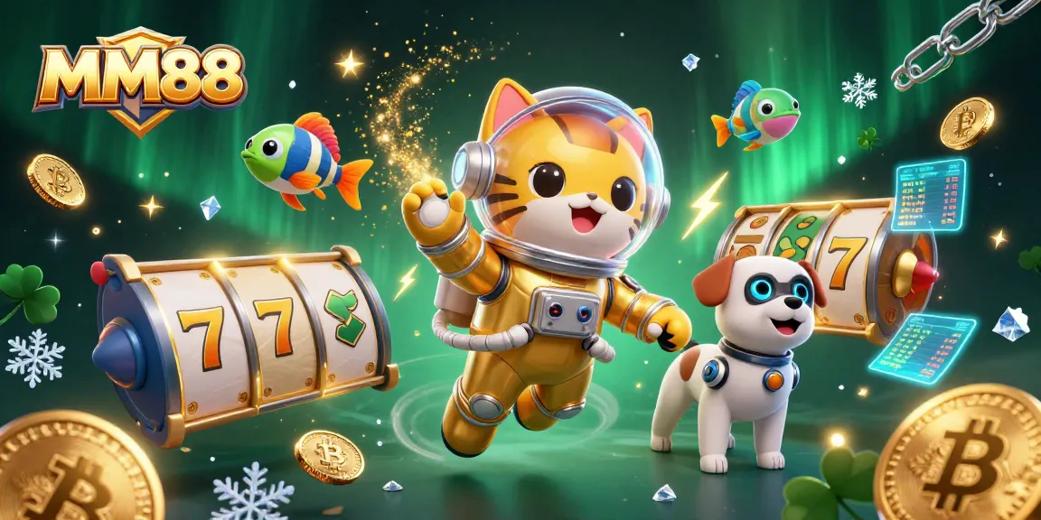 Engaging MM88 illustration showcasing a golden-suited astronaut cat and rocket-powered robot dog amidst slot reels and cryptocurrencies.