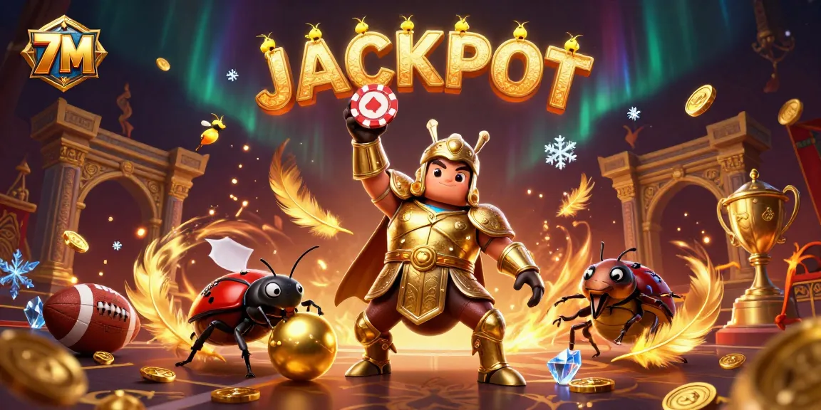 Engage in the 7M sports betting scene with a heroic beetle lifting a poker chip in victory.