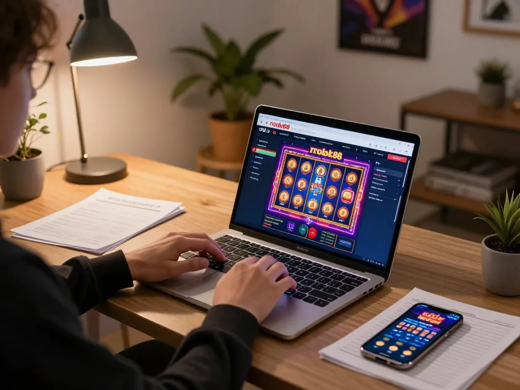 Pemain menikmati slot kasino online rokok88 dengan grafik yang cerah, suasana kantor rumah yang stylish
