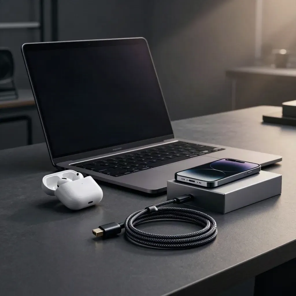 Notebook a sluchátka vedle telefonu na tmavém pracovním stole v dramatickém světle.