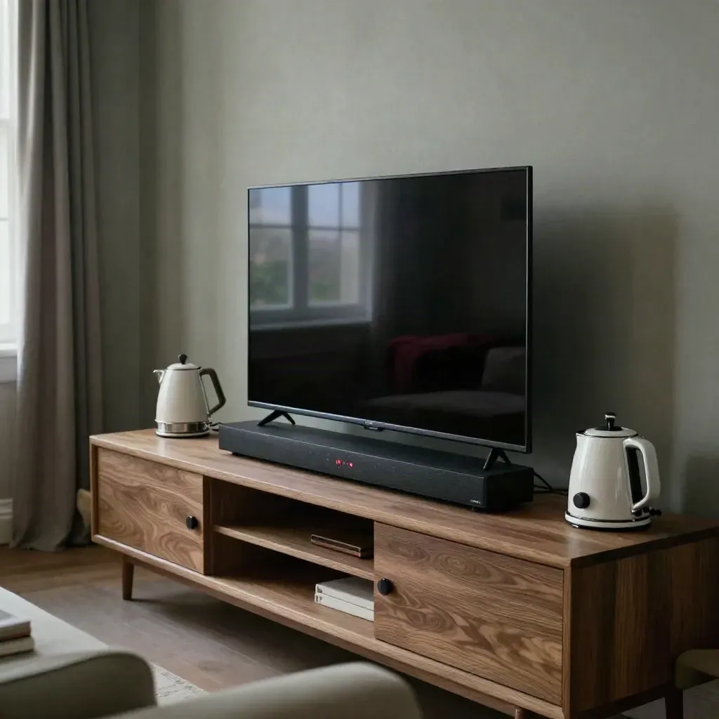 Televizor, soundbar, konvice a toaster na konzoli v obýváku za modré hodiny.