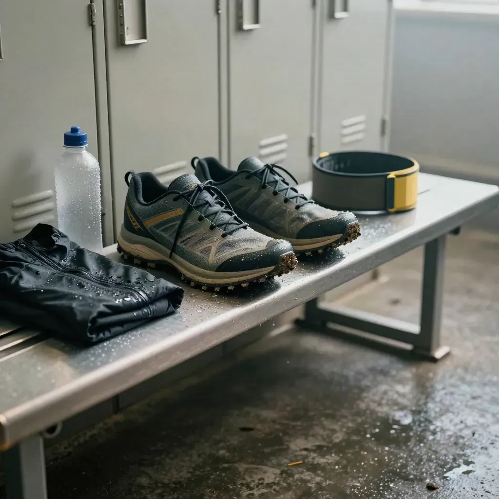 Trailové boty, větrovka, láhev a běžecký pás na lavičce v mlhavém šatnovém světle.