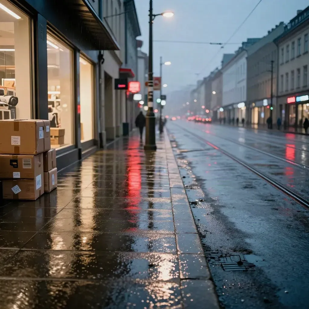 Déšť na české ulici, světla obchodů, bedny s balíky a odrazy tramvajových kolejí.