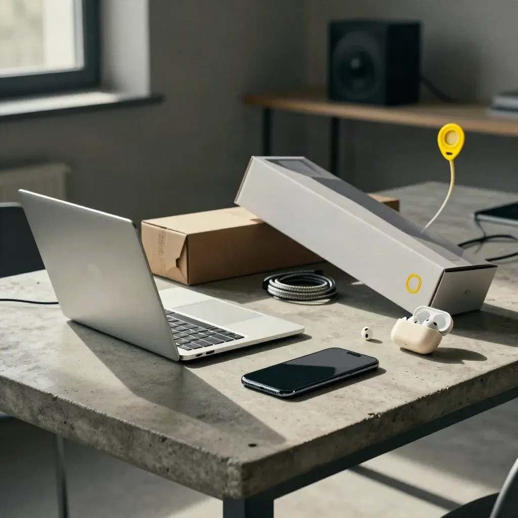 Notebook není; na betonovém stole leží notebook, mobil, sluchátka a krabice monitoru v teplém světle.