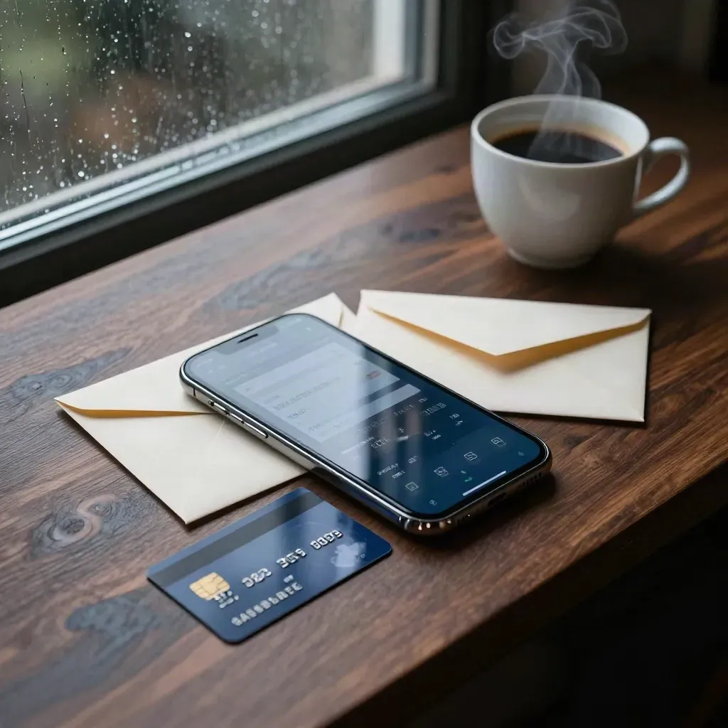 Noční stůl s mobilem, kartou, obálkou a hrnkem kávy v dešti za oknem.