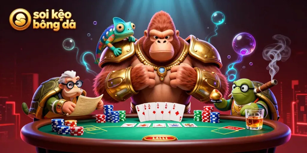 Soi kèo bóng đá depicted with a gorilla king, chameleon, and tortoise at a vibrant poker table.