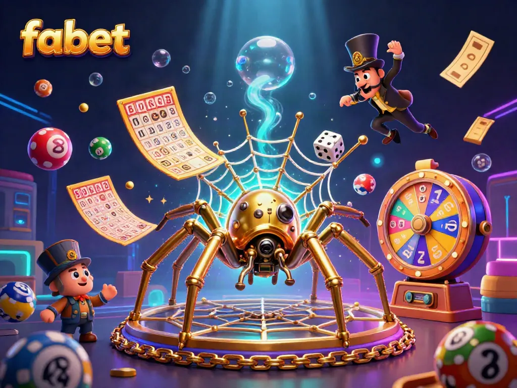 Engage with fabet's thrilling casino world featuring a playful steampunk spider and a gentleman trapped in a web of luck.