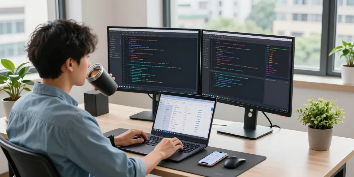 快连 developer optimizing network connectivity in a modern workspace with dual monitors and creative tools.
