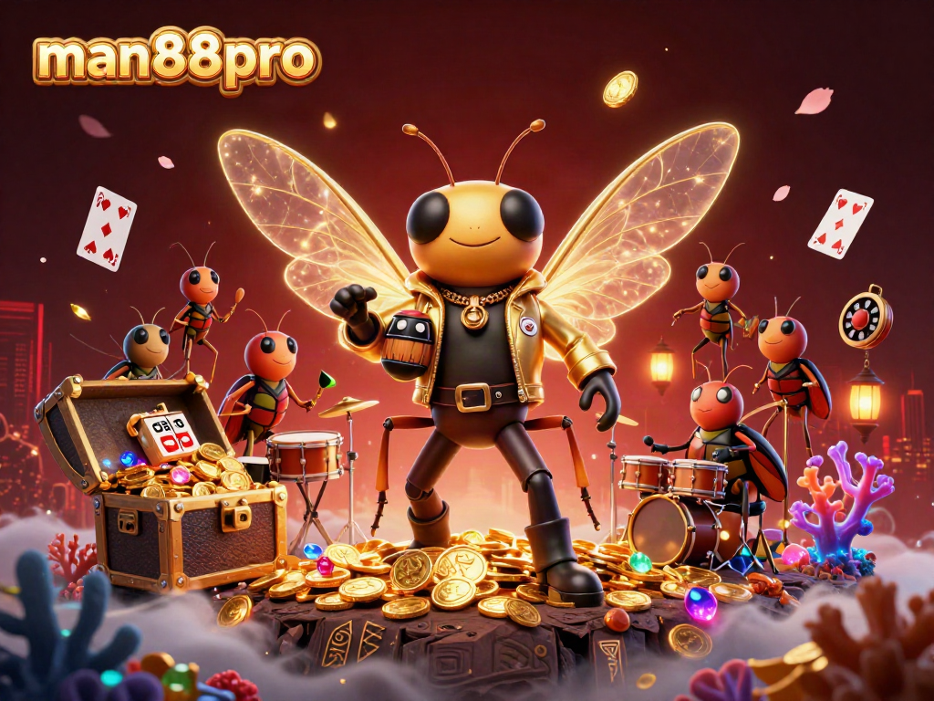 Experience the excitement of man88pro with a vibrant 3D casino illustration showcasing dynamic characters and gambling elements.