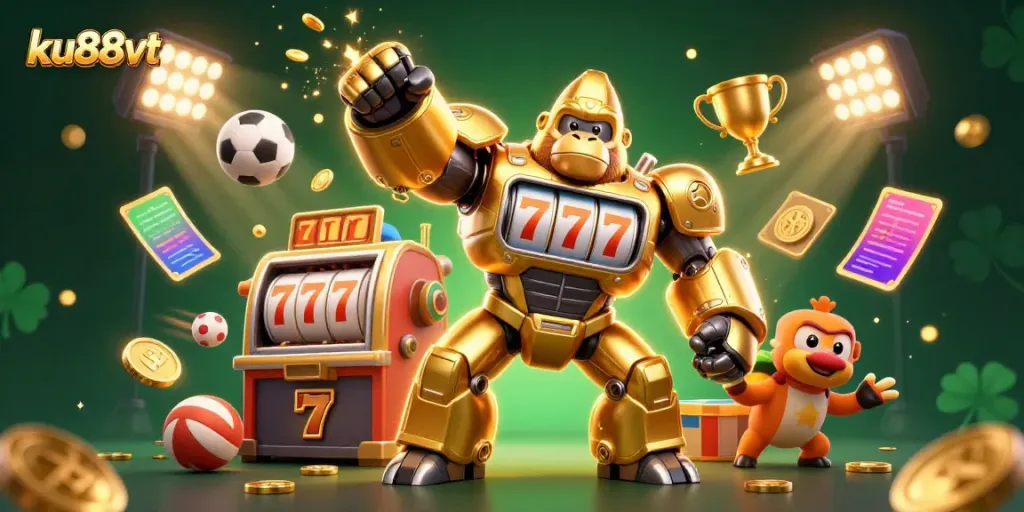 Experience stunning wins with ku88vt: a thrilling scene featuring a golden gorilla mech and dynamic casino elements.