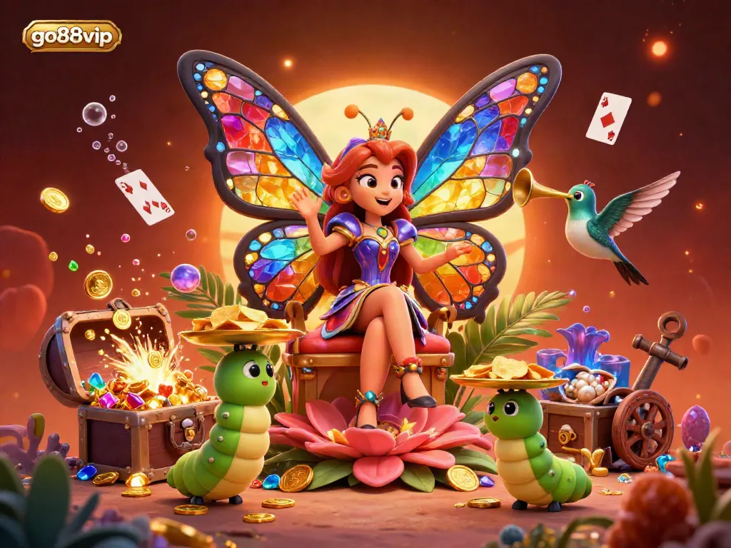 Engage with go88vip in an enchanting 3D casino fantasy featuring a butterfly queen and gold-rich treasures.