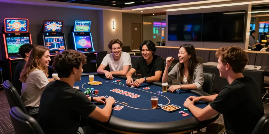 Exciting gaming atmosphere at https://ku88vt.com/ with friends enjoying poker and live sports.