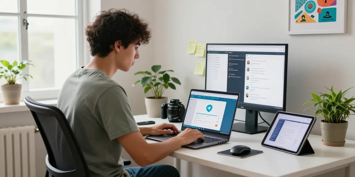 Person using the Telegram web version on a laptop in a modern home office