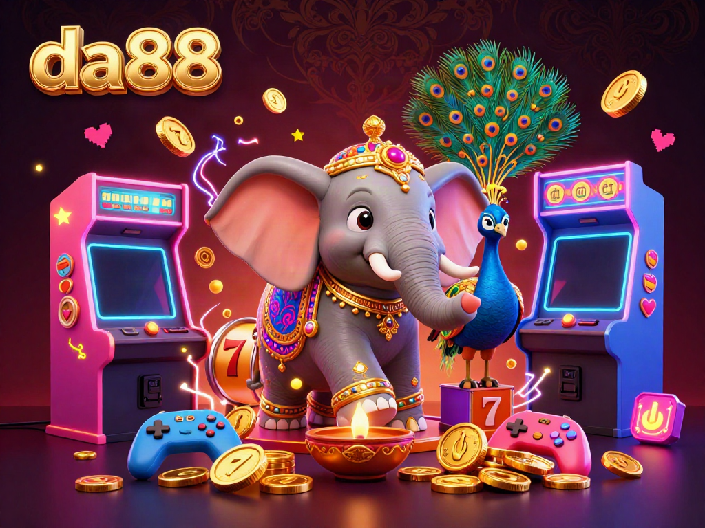 Engage in thrilling slot games at da88 with a vibrant 3D illustration featuring a colorful elephant and peacock.