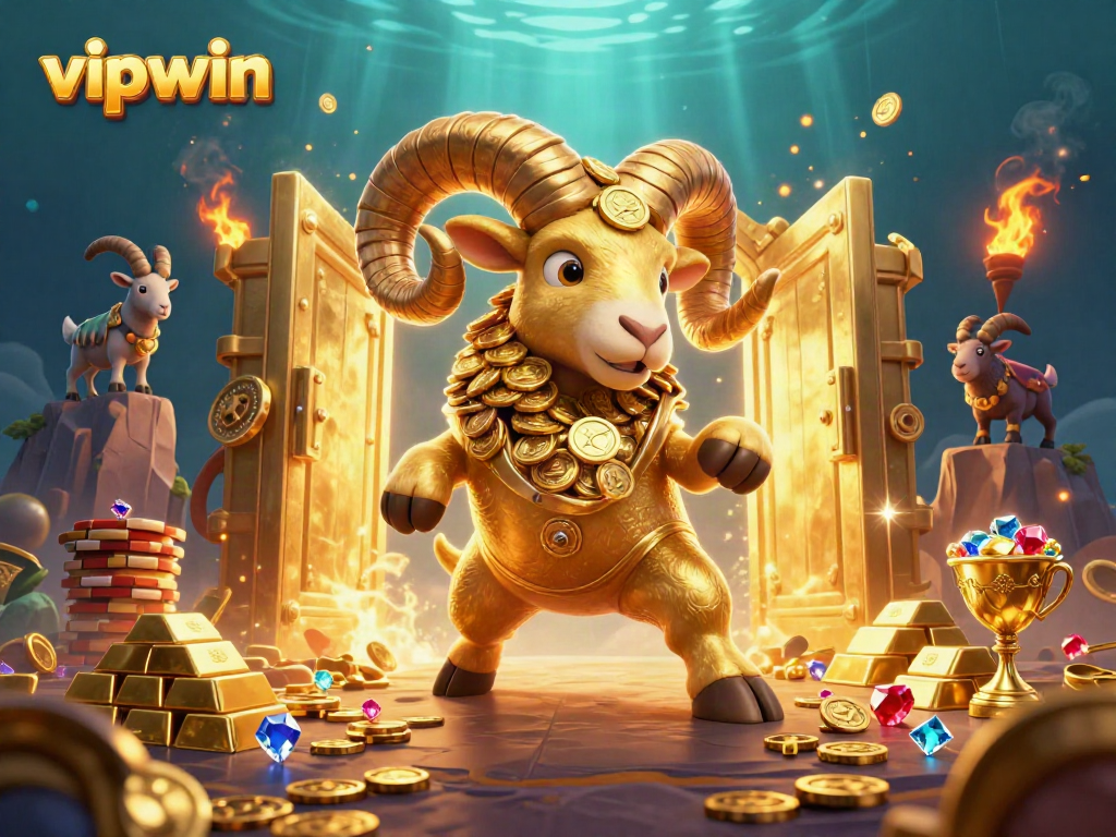 Experience thrilling jackpots at vipwin as a golden ram charges through a treasure-filled gate.