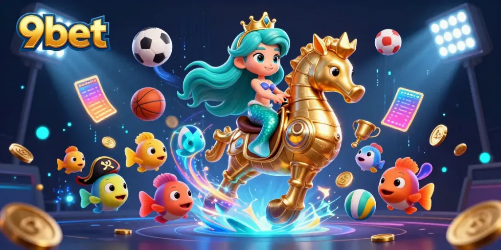 Engage in thrilling 9bet adventures with a mermaid princess riding a seahorse, surrounded by dazzling game elements.