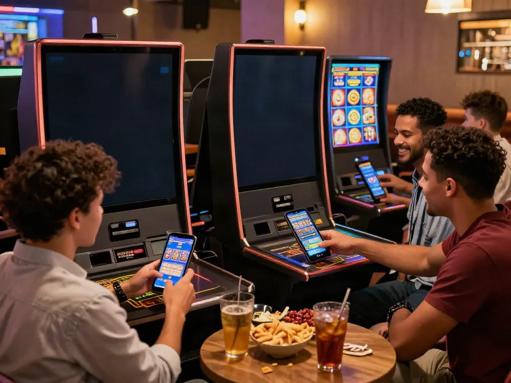 Exciting moment at DA88 online gaming lounge with friends enjoying slot games on mobile devices.