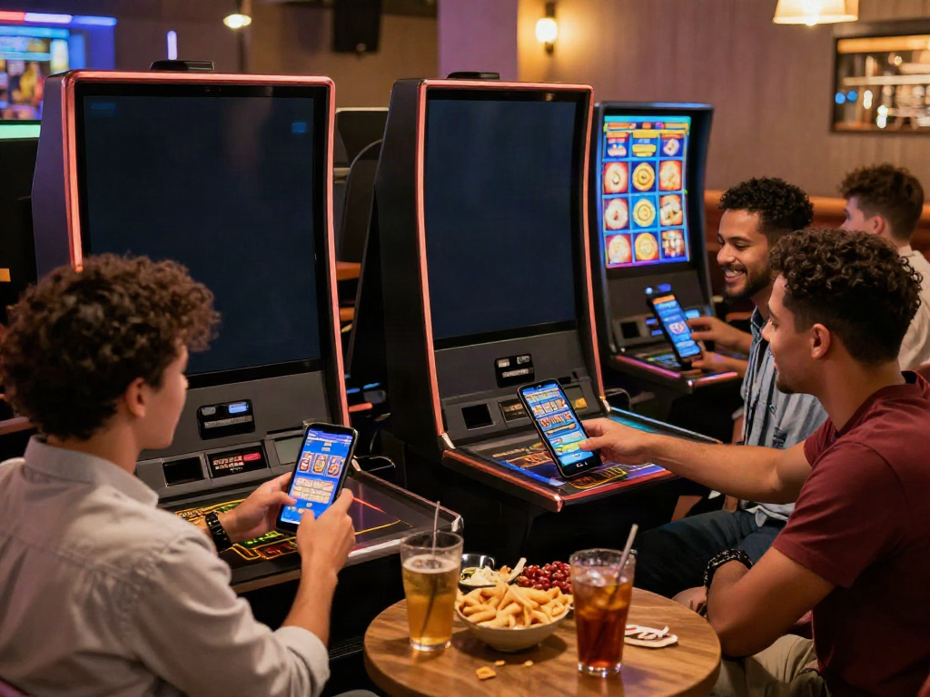 Exciting moment at DA88 online gaming lounge with friends enjoying slot games on mobile devices.