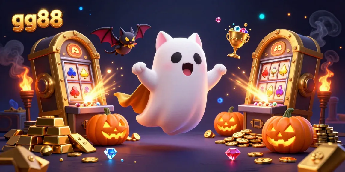 Engage with gg88 in this vibrant, dynamic haunted casino scene featuring a ghost cat and vampire bat.