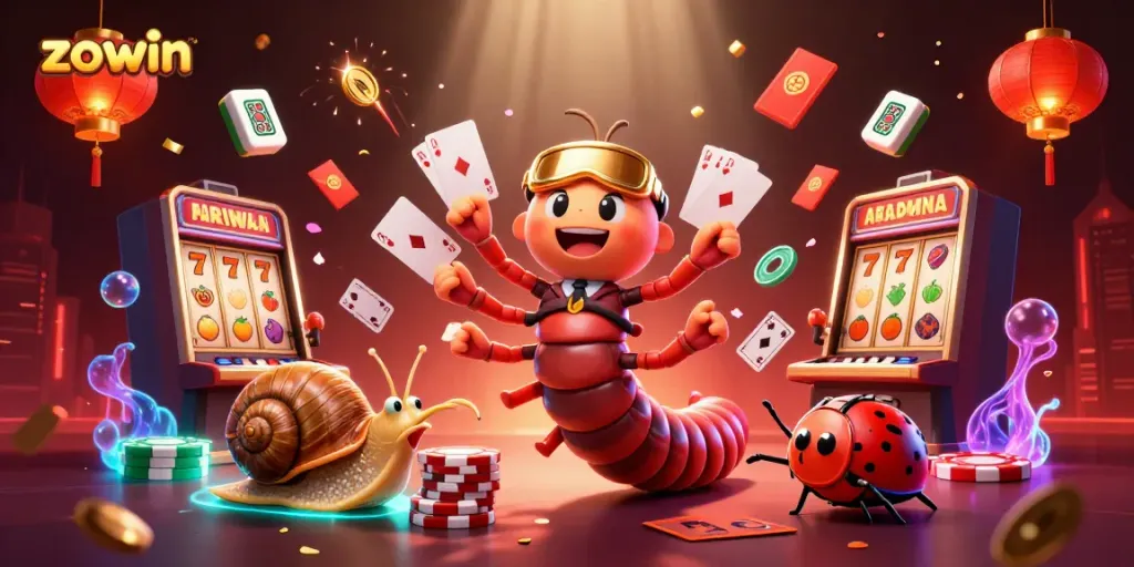 Zowin captivates players with a bustling scene of colorful slot machines and lively dealer characters in a vibrant casino.