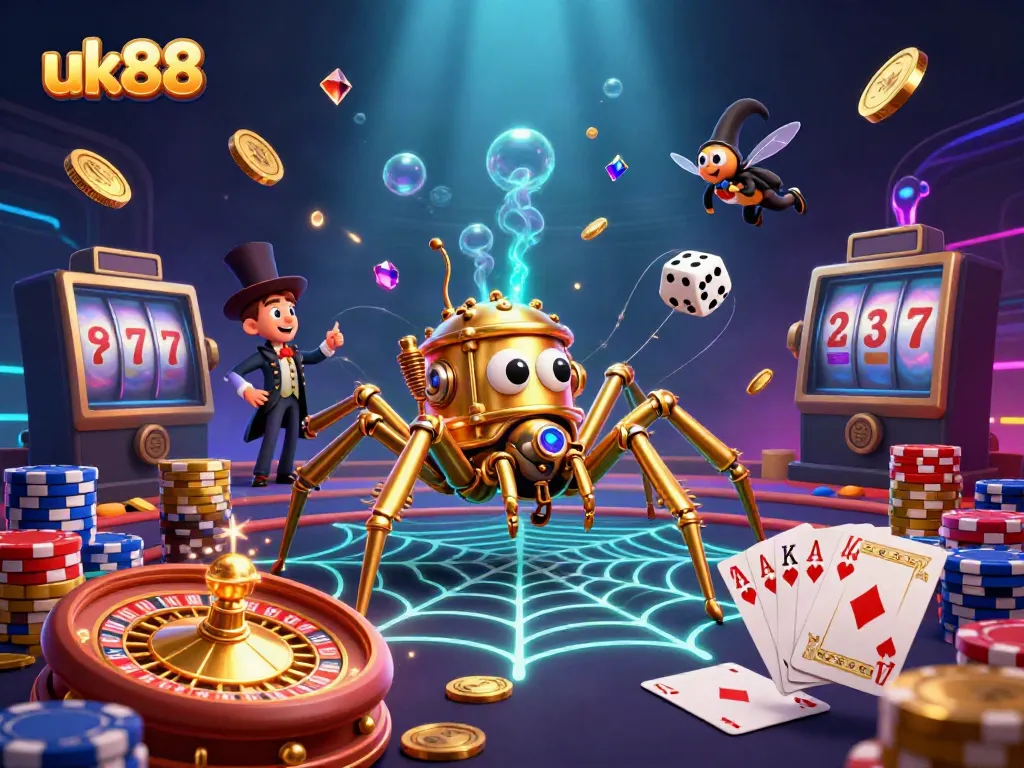 Spin and win at uk88 with a vibrant 3D casino scene featuring a steampunk spider, playful dice, and sparkling coins.