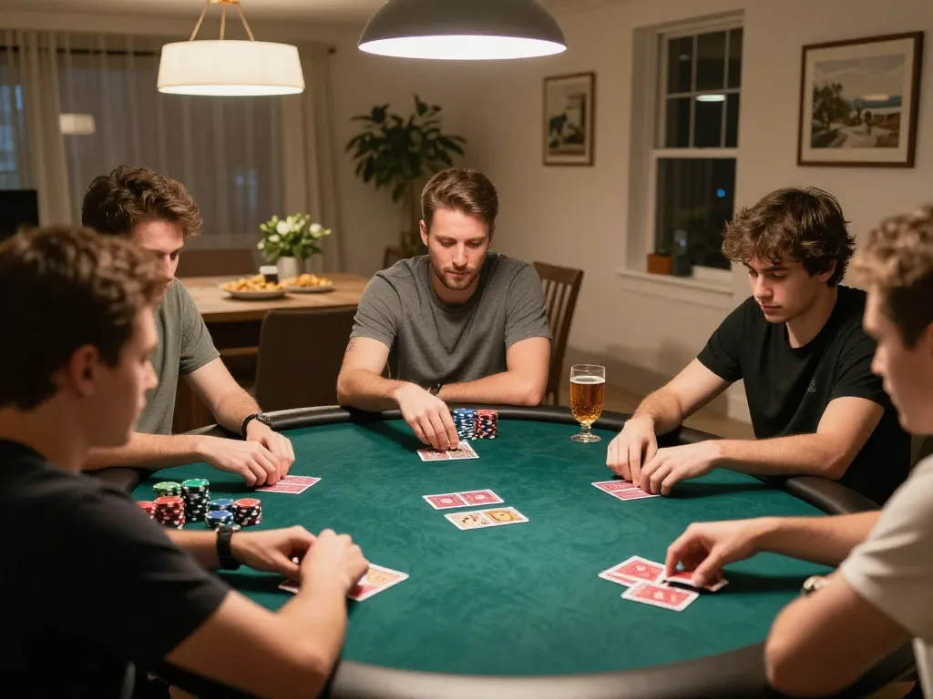 Friends enjoying a competitive poker night, focusing on strategy and Keo nha cai tactics in a warm home setting
